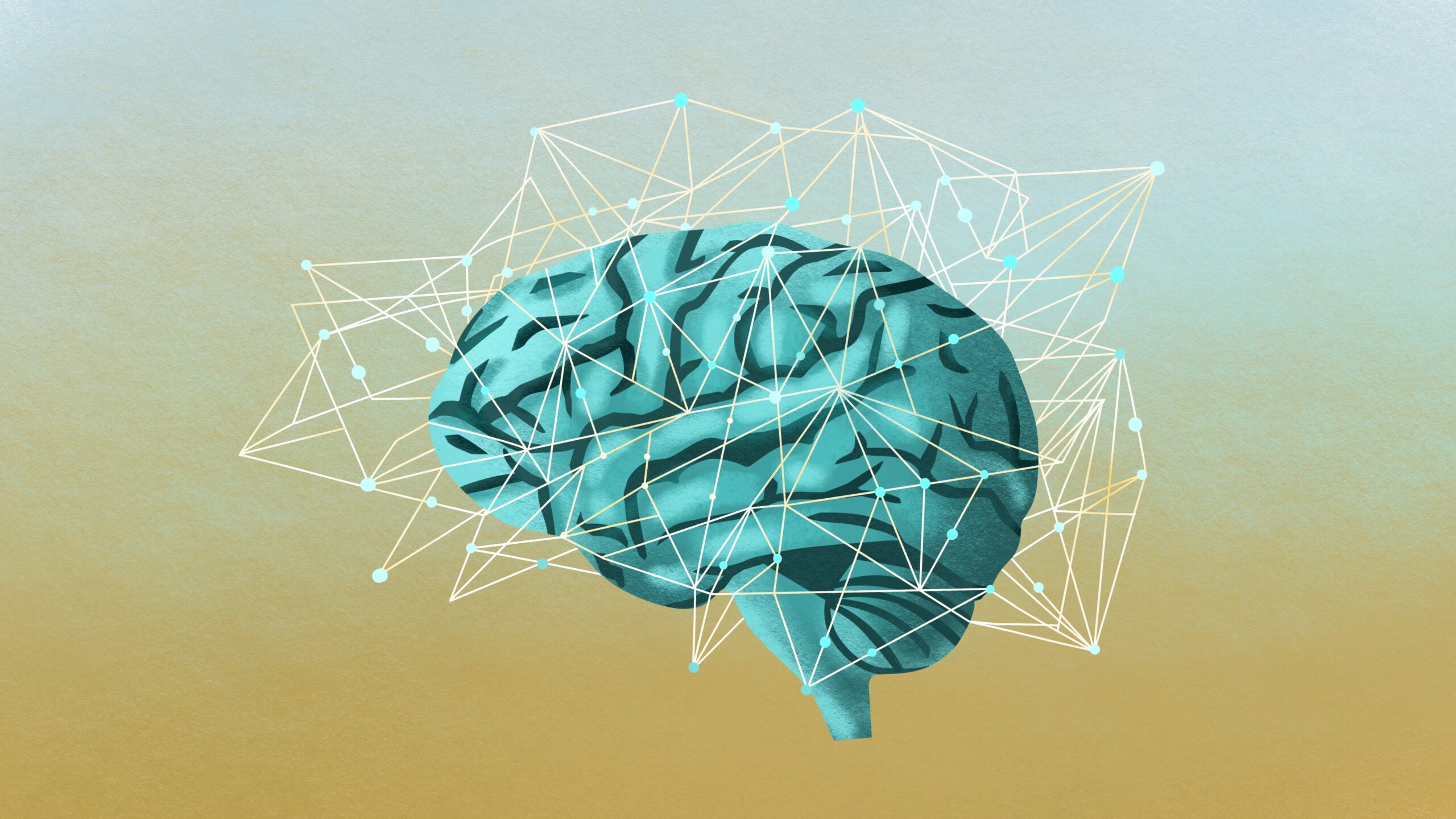 Digital illustration of a human brain with interconnected neural network lines.