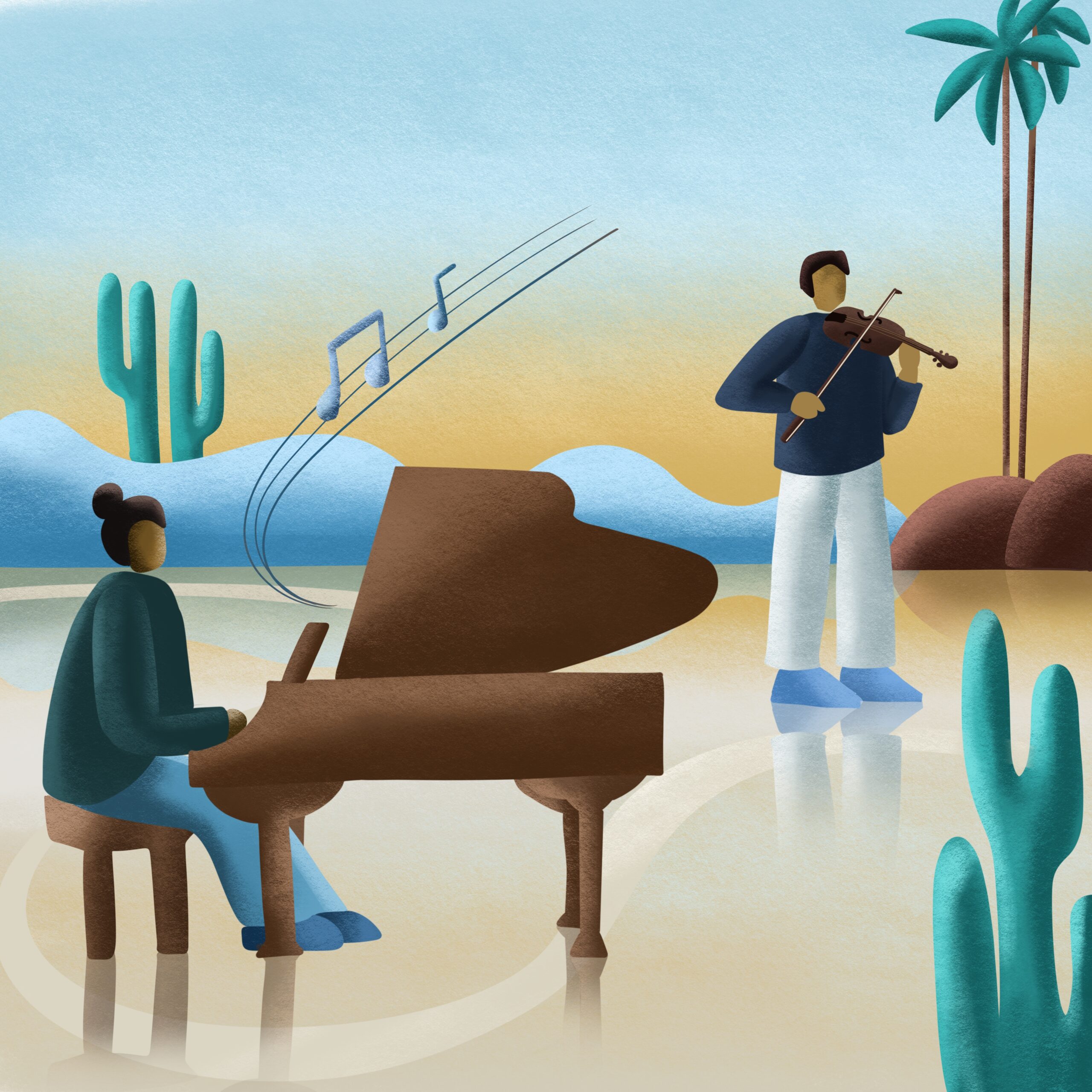 Illustration of two people playing piano and violin in a serene desert landscape with musical notes in the air.