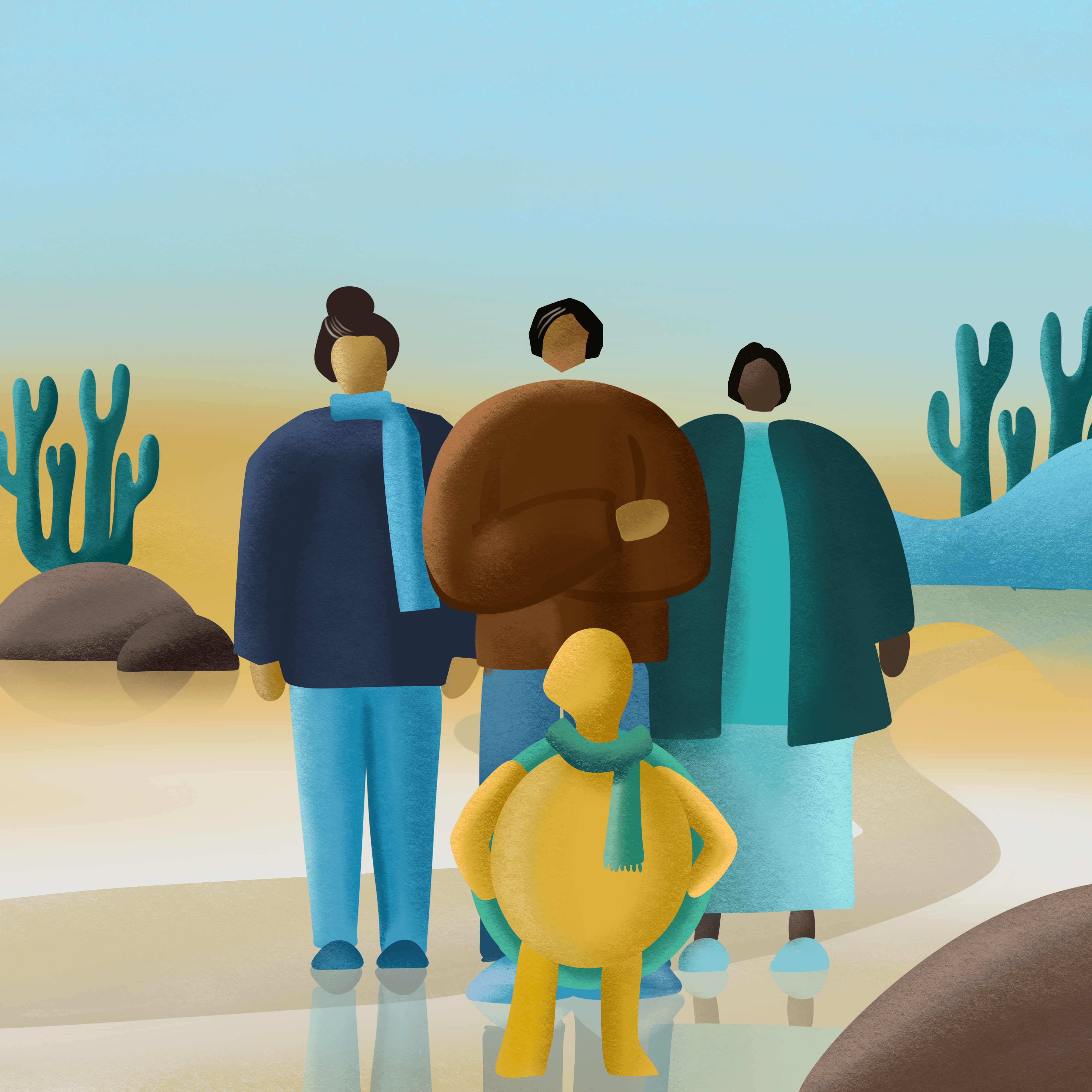 Illustration of a diverse group of individuals, including an older figure in front, standing confidently in a desert-like landscape.