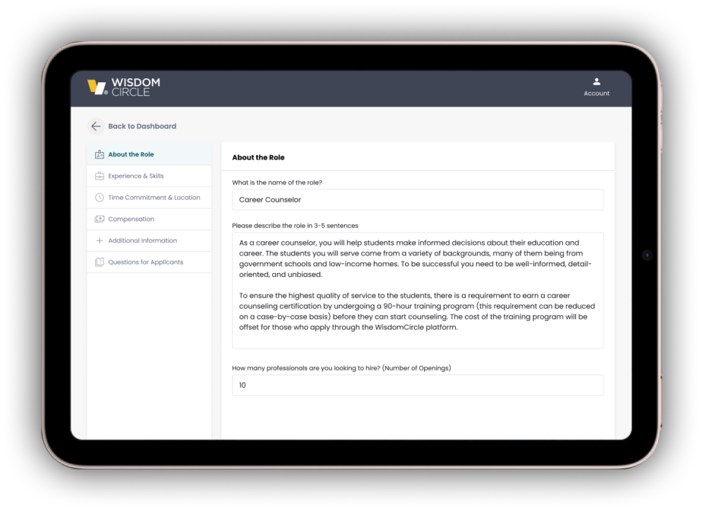 Screenshot of create a role feature from WisdomCircle platform