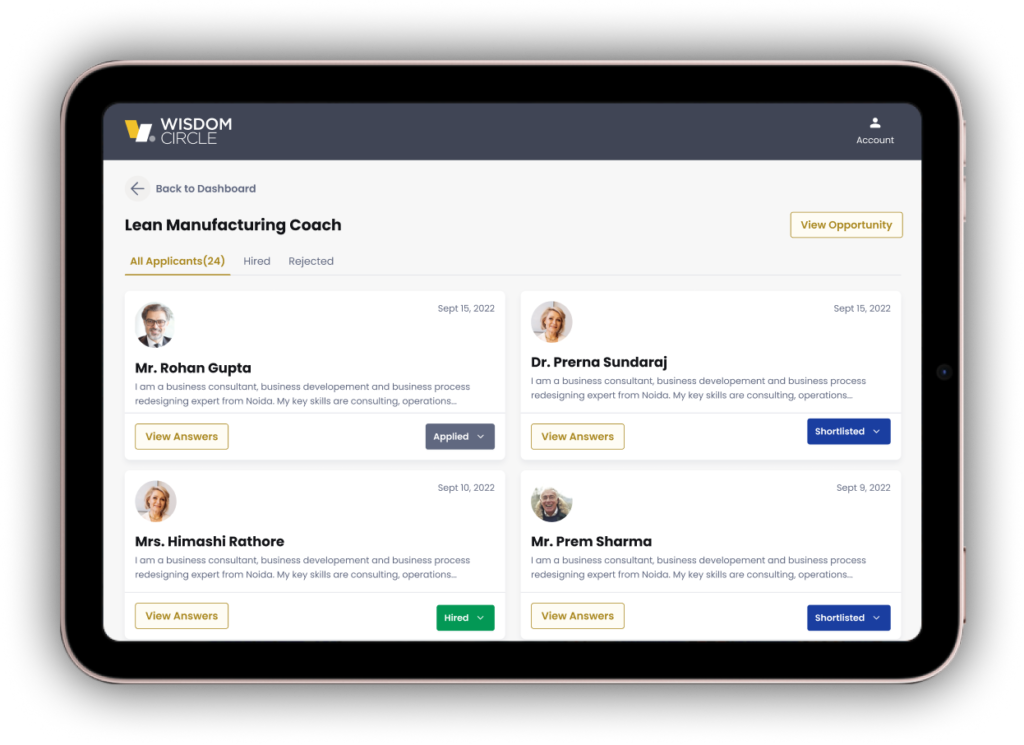 Screenshot of view candidates feature from WisdomCircle platform