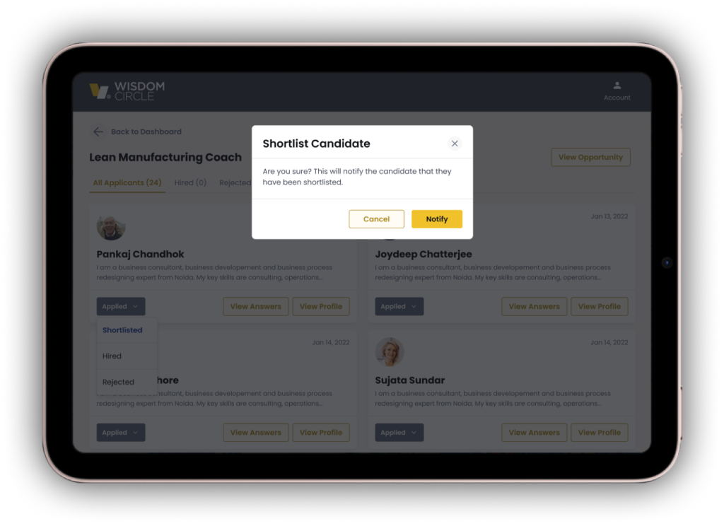 Screenshot of interact with candidates feature from WisdomCircle platform